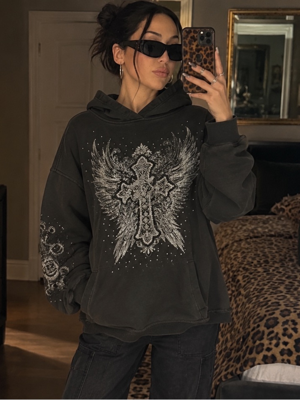 I.AM.GIA Black Rhinestone Cross Wing Graphic Hoodie Size L